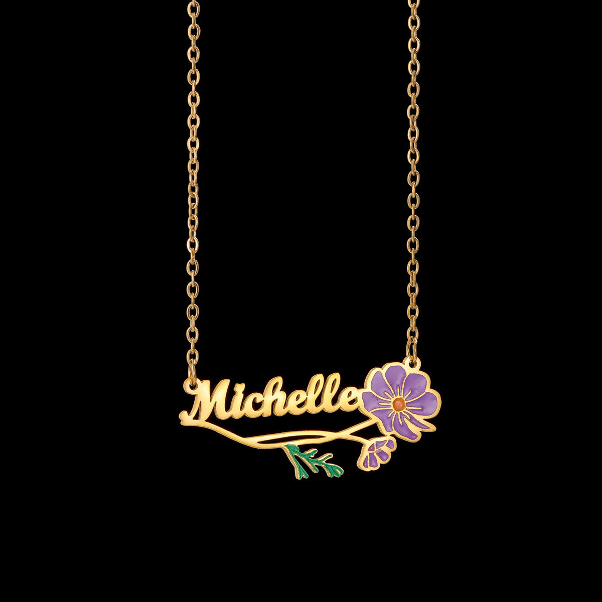 Freeteeme Personalized Custom Name Flower Necklace for Women Stainless Steel UV Print Birth Flower Chain Jewelry Birthday Gifts