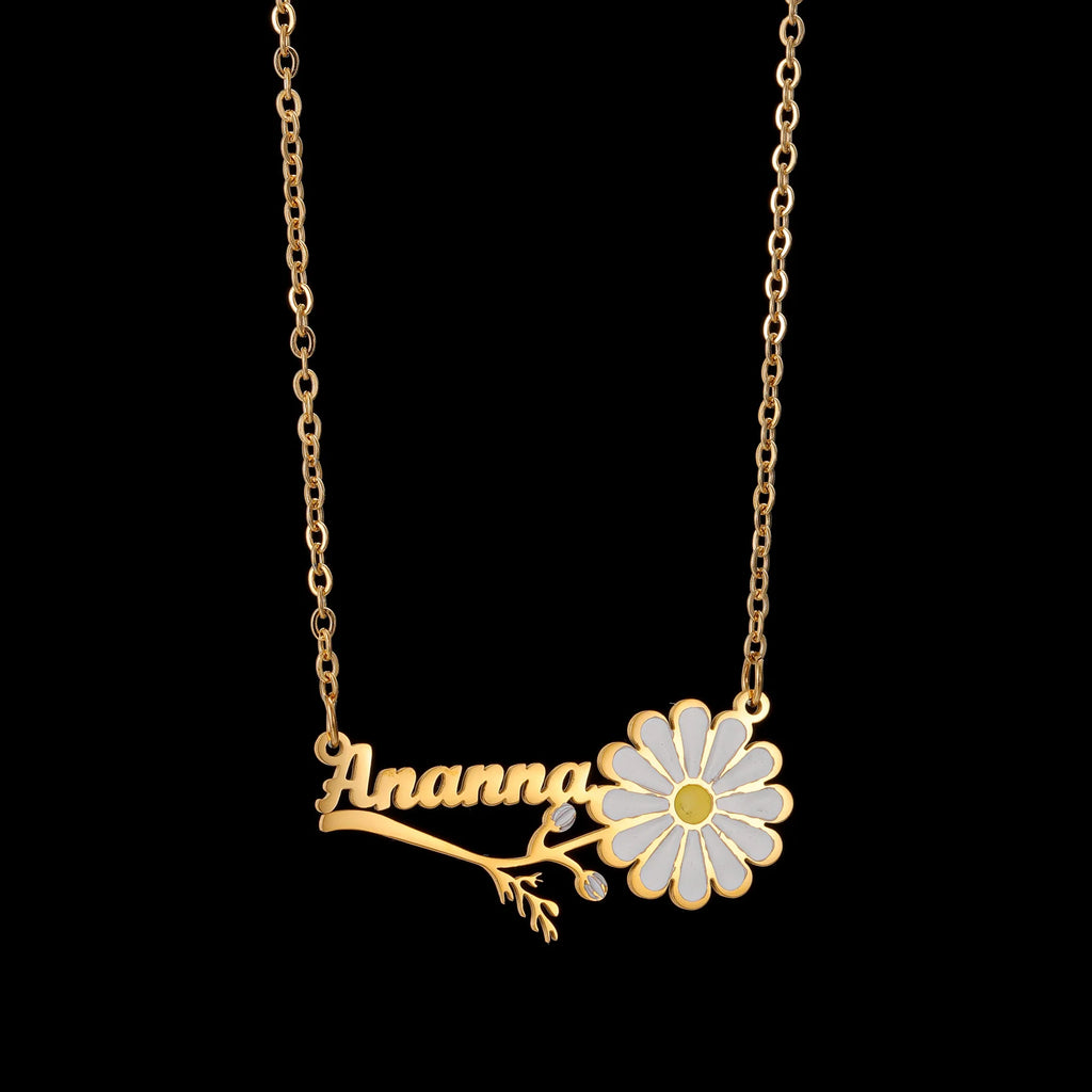 Freeteeme Personalized Custom Name Flower Necklace for Women Stainless Steel UV Print Birth Flower Chain Jewelry Birthday Gifts
