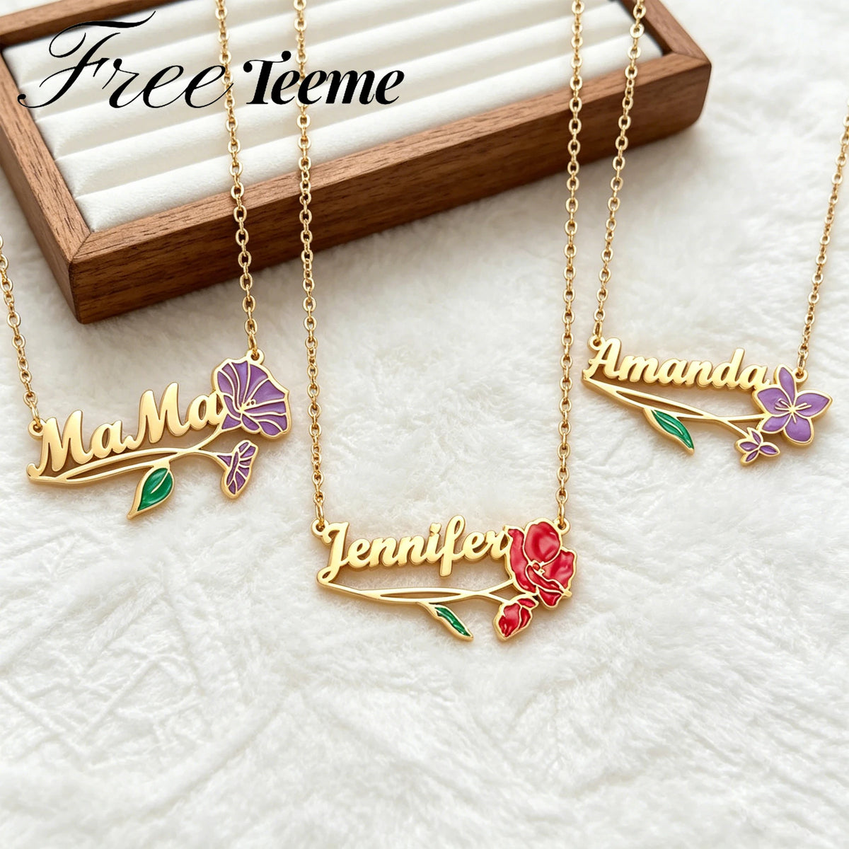 Freeteeme Personalized Custom Name Flower Necklace for Women Stainless Steel UV Print Birth Flower Chain Jewelry Birthday Gifts