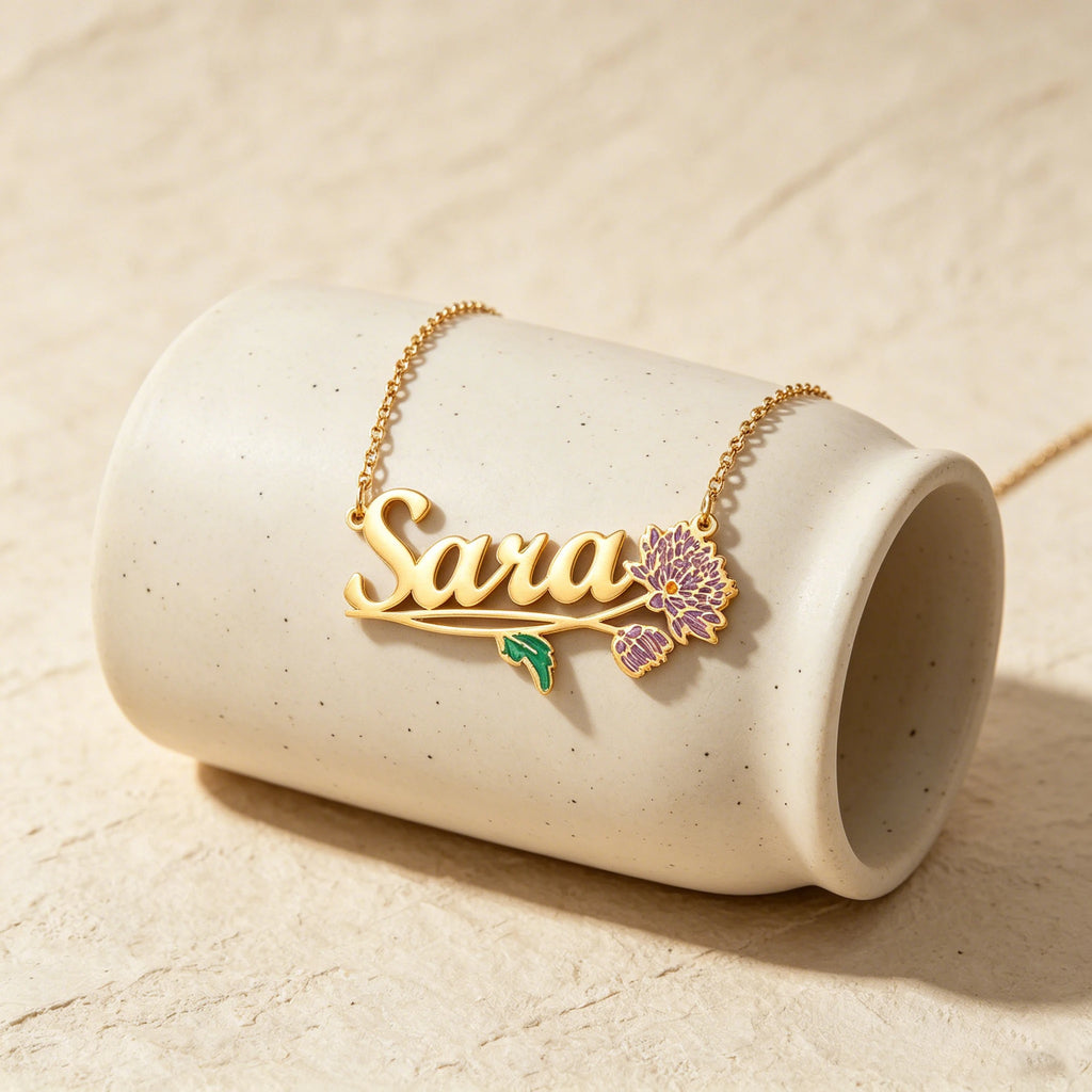 Freeteeme Personalized Custom Name Flower Necklace for Women Stainless Steel UV Print Birth Flower Chain Jewelry Birthday Gifts