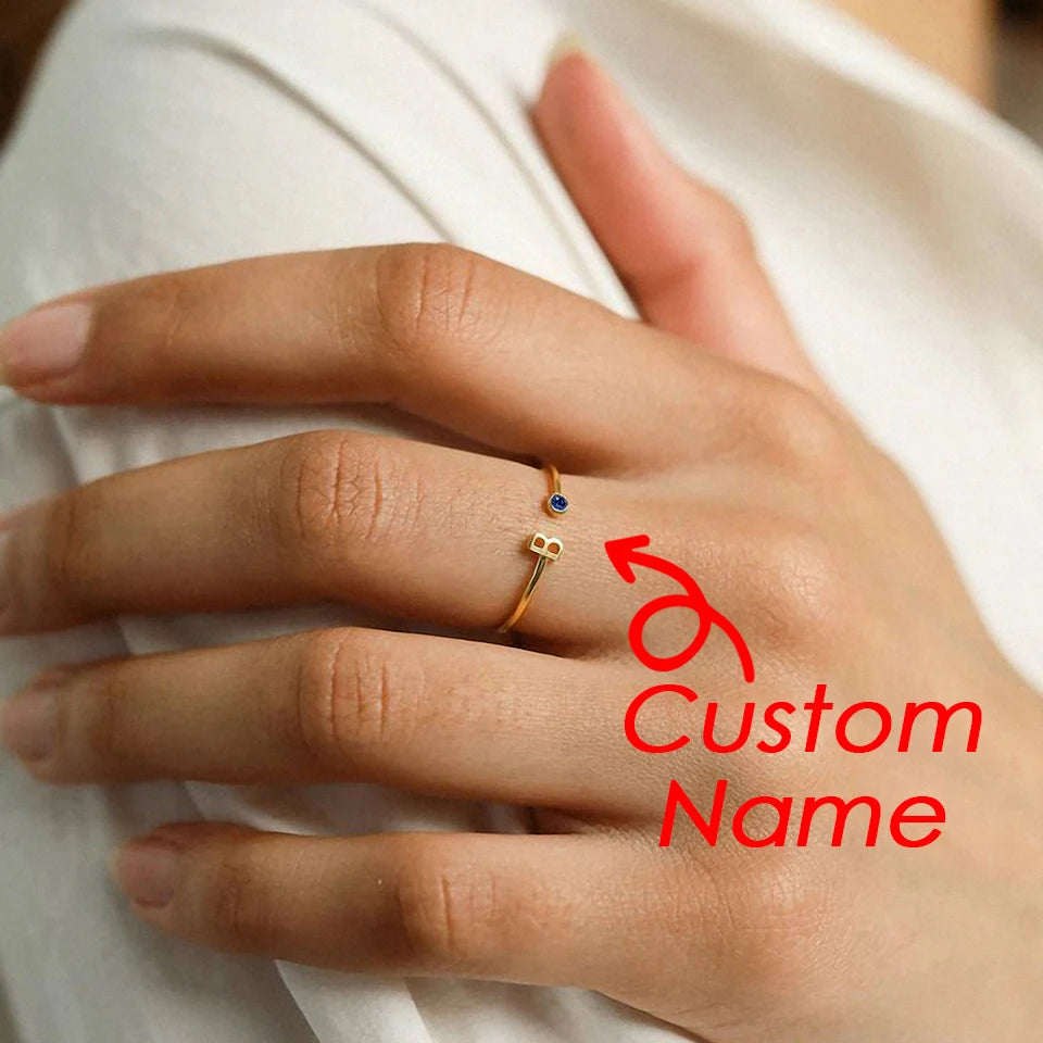 SUNIBI Birthstone Initial Custom Ring for Women Open End Ring Stainless Steel Name Custom Design Jewelry Women's Jewelry Gifts