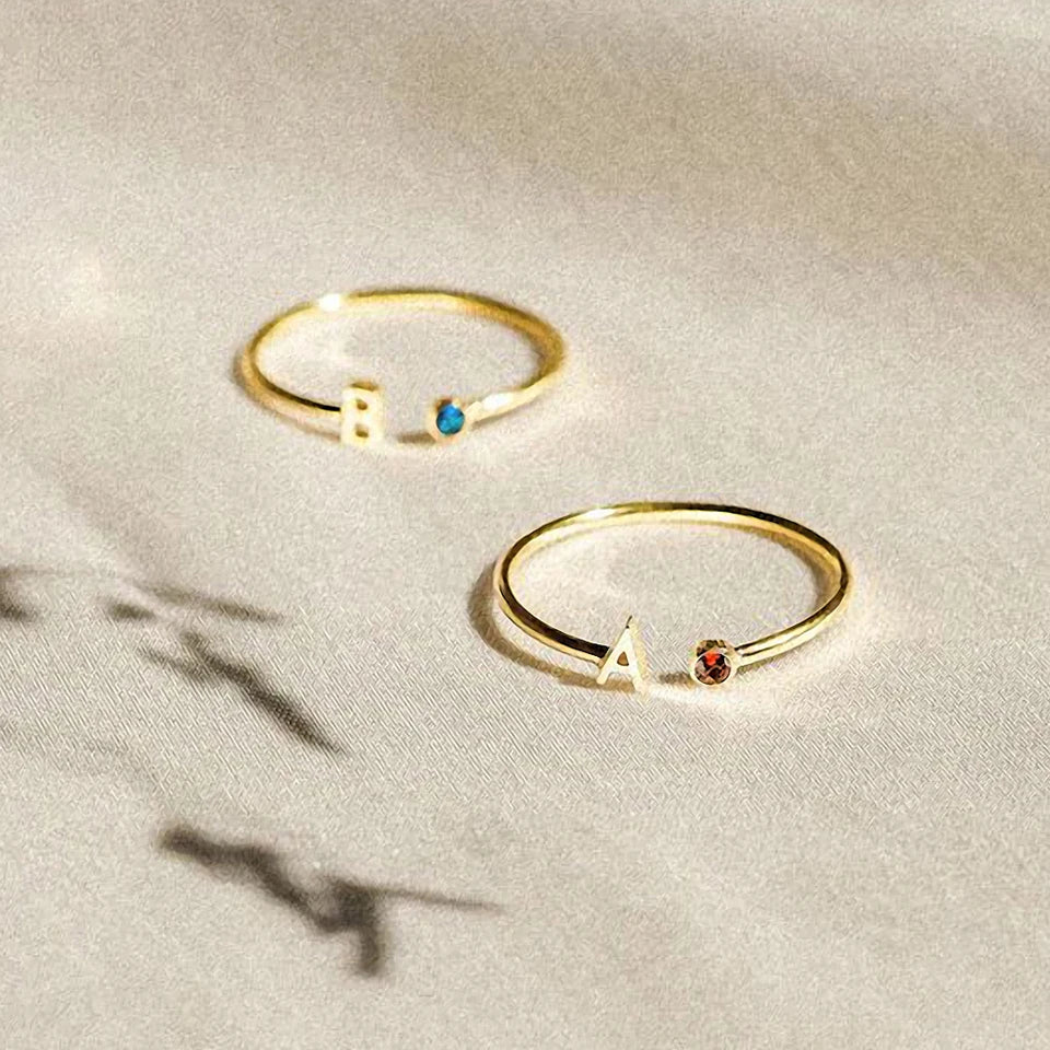 SUNIBI Birthstone Initial Custom Ring for Women Open End Ring Stainless Steel Name Custom Design Jewelry Women's Jewelry Gifts