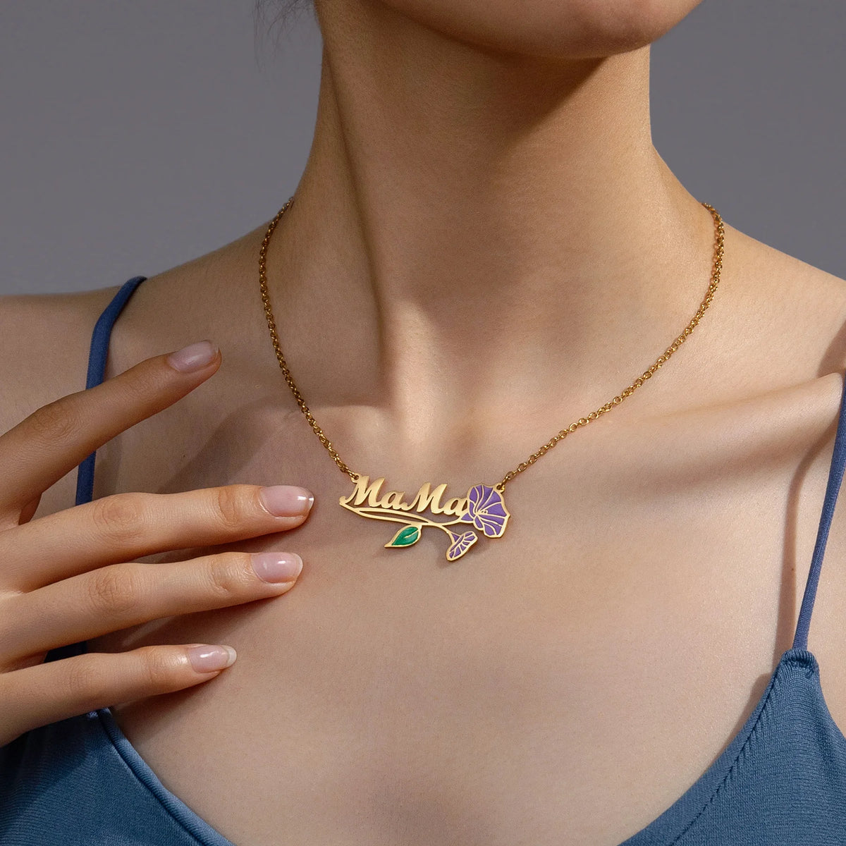 Freeteeme Personalized Custom Name Flower Necklace for Women Stainless Steel UV Print Birth Flower Chain Jewelry Birthday Gifts