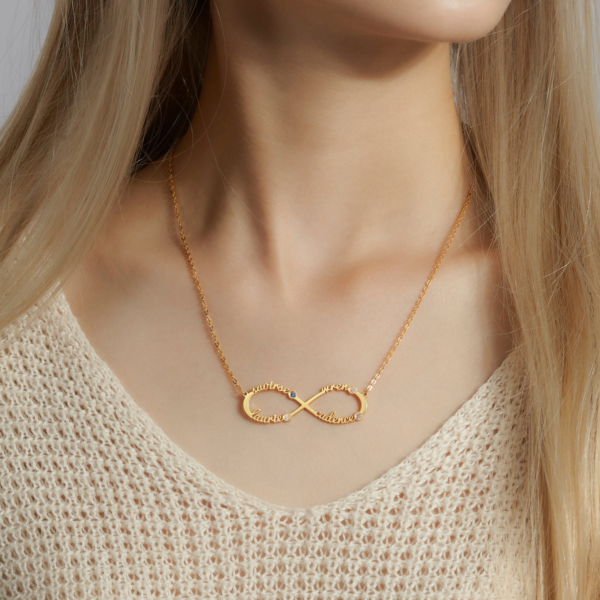 Personalized Infinity Family Name & Birthstone Necklace – personalization detail