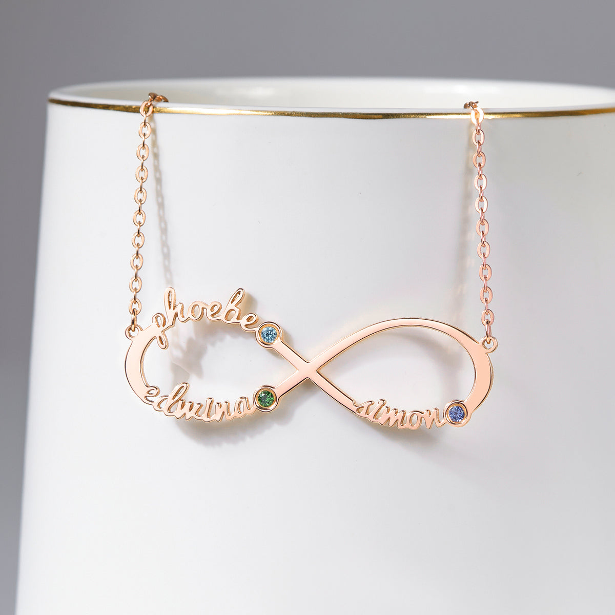 Personalized Infinity Family Name & Birthstone Necklace – close-up detail